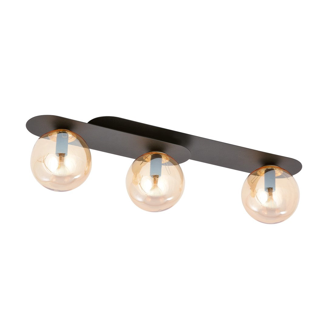 Plafondlamp gepoedercoat staal en glas Plaza, zwart met amberkleurige kappen, 3 lichtpunten, 70 x 18 cm