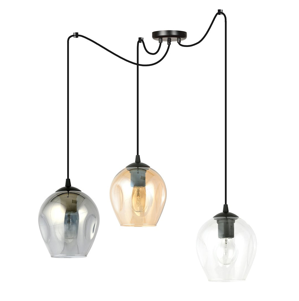 Hanglamp 3 lichts glas en staal, modern, zwart met transparante, grafiet en amberkleurige kappen Ø 14 cm