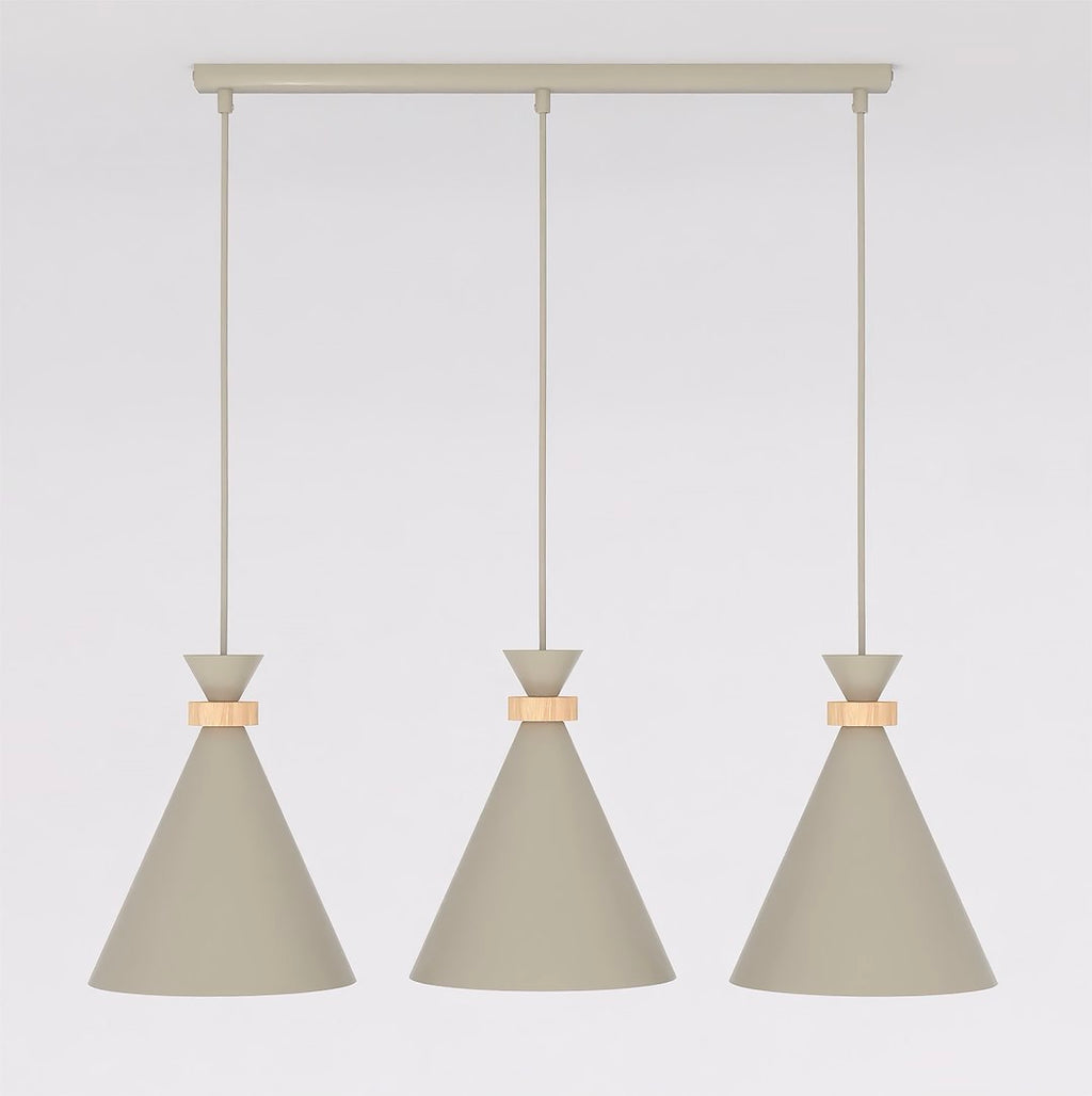 Hanglamp gepoedercoat staal en hout Scandinavisch beige, 3 fittingen E27 – 78 x 23 cm, boven eettafel of kookeiland