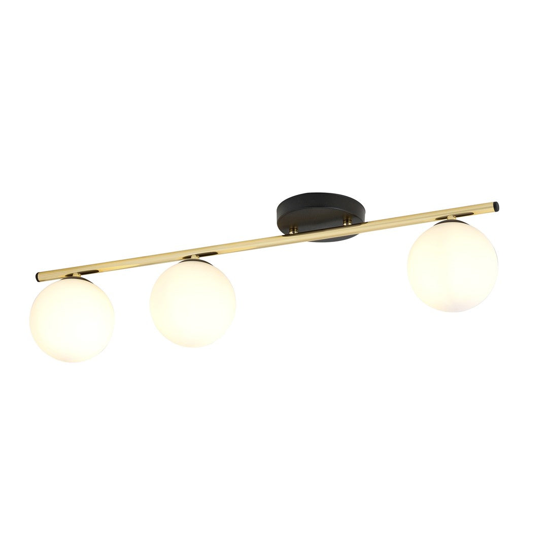 Plafondlamp gepoedercoat staal en glas Monza, zwart met goud en witte kap, 3 lichtpunten E14, 80 cm breed