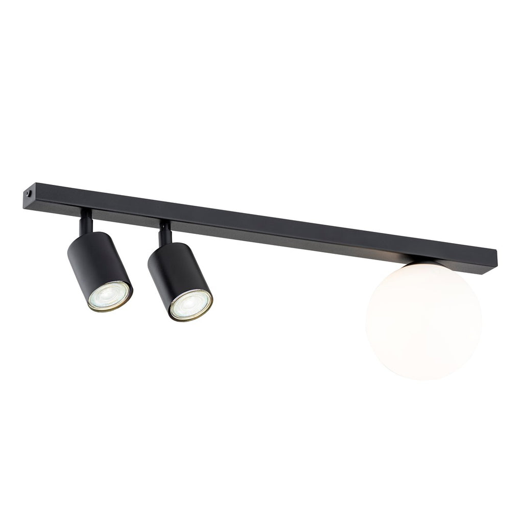 Plafondlamp gepoedercoat staal en glas Baster, zwart met witte glazen kap, 60 cm breed, 3 lichtpunten, woonkamer en eetkamer