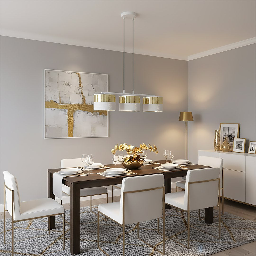 Hanglamp gepoedercoat staal met stoffen kap, Lux, wit en goud, 3 lichts, kap Ø 20 cm, breedte 70 cm