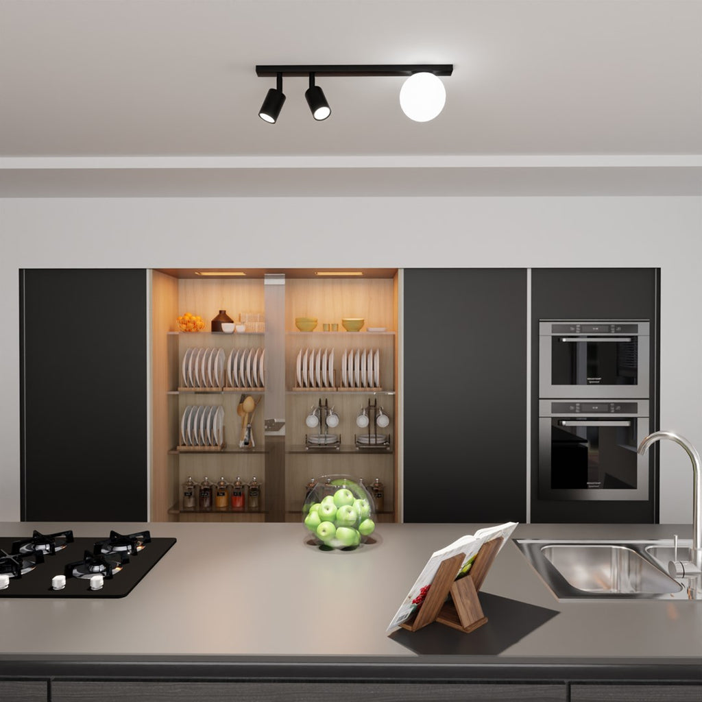 Plafondlamp gepoedercoat staal en glas Baster, zwart met witte glazen kap, 60 cm breed, 3 lichtpunten, woonkamer en eetkamer