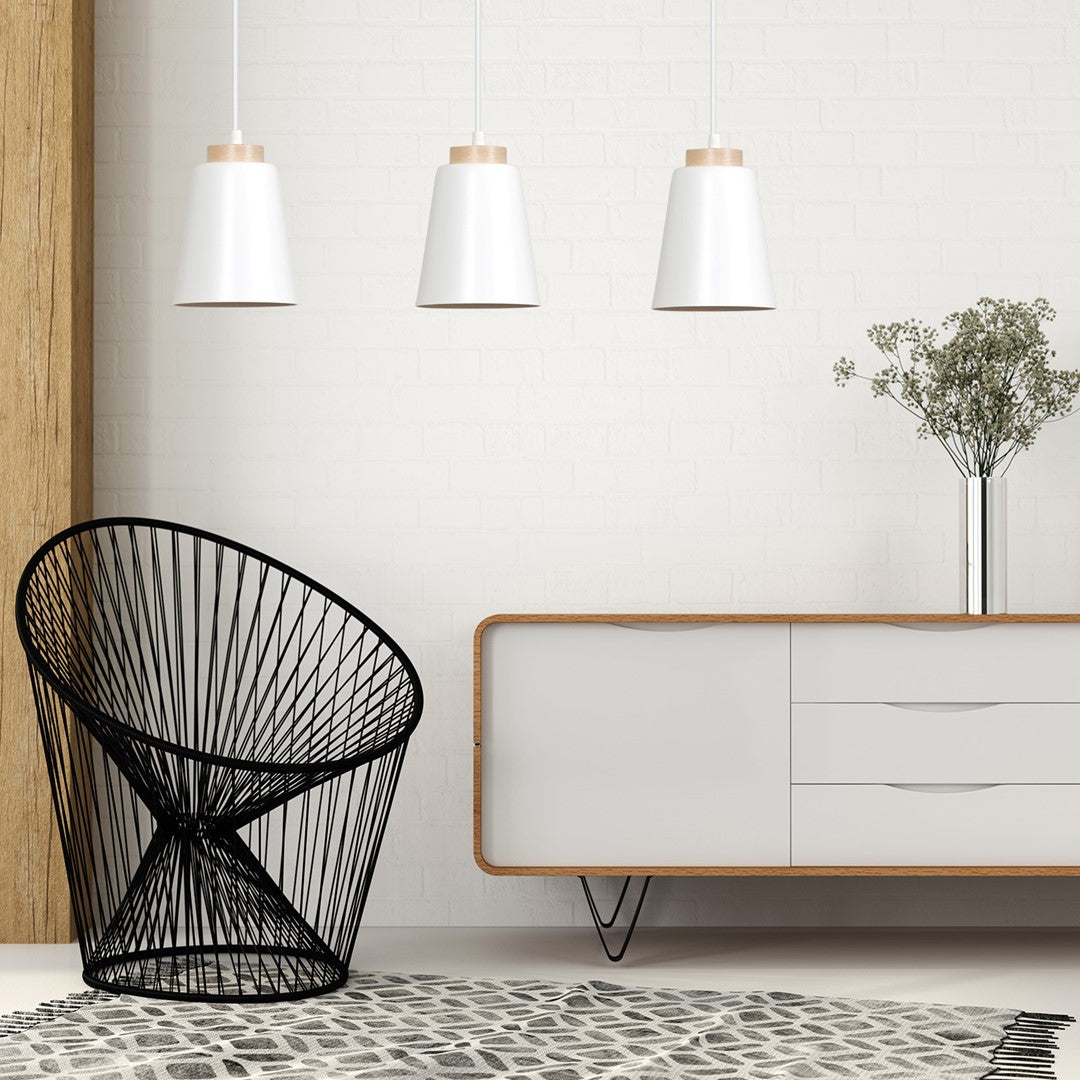 Hanglamp 3-lichts gepoedercoat staal en hout Bolero, wit Scandinavisch, 66 x 100 cm, woonkamer