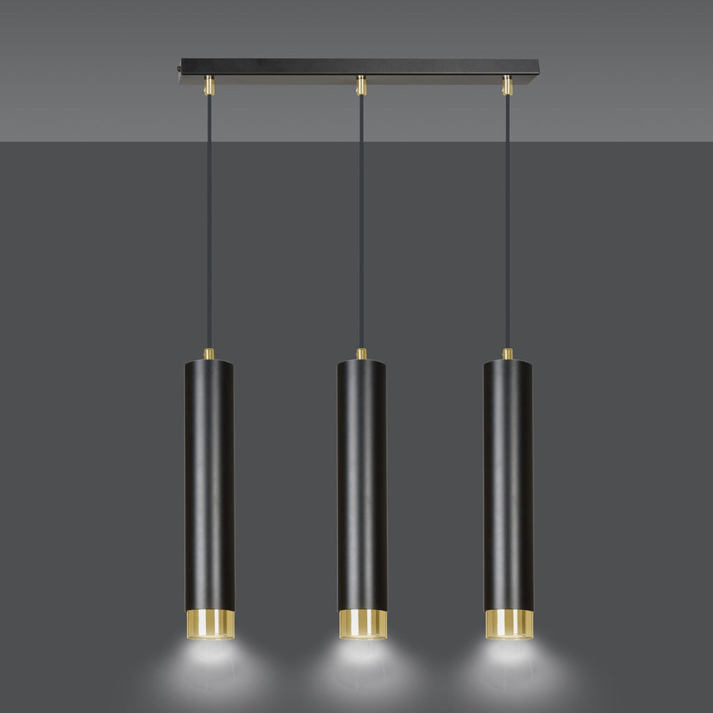 Hanglamp 3-lichts gepoedercoat staal modern zwart met gouden accenten, balk 45 cm, voor woonkamer en eethoek