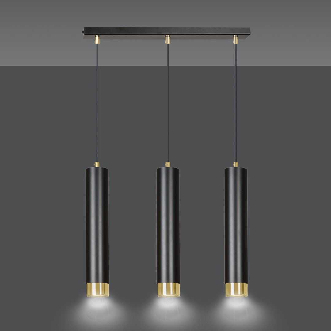 Hanglamp 3-lichts gepoedercoat staal modern zwart met gouden accenten, balk 45 cm, voor woonkamer en eethoek
