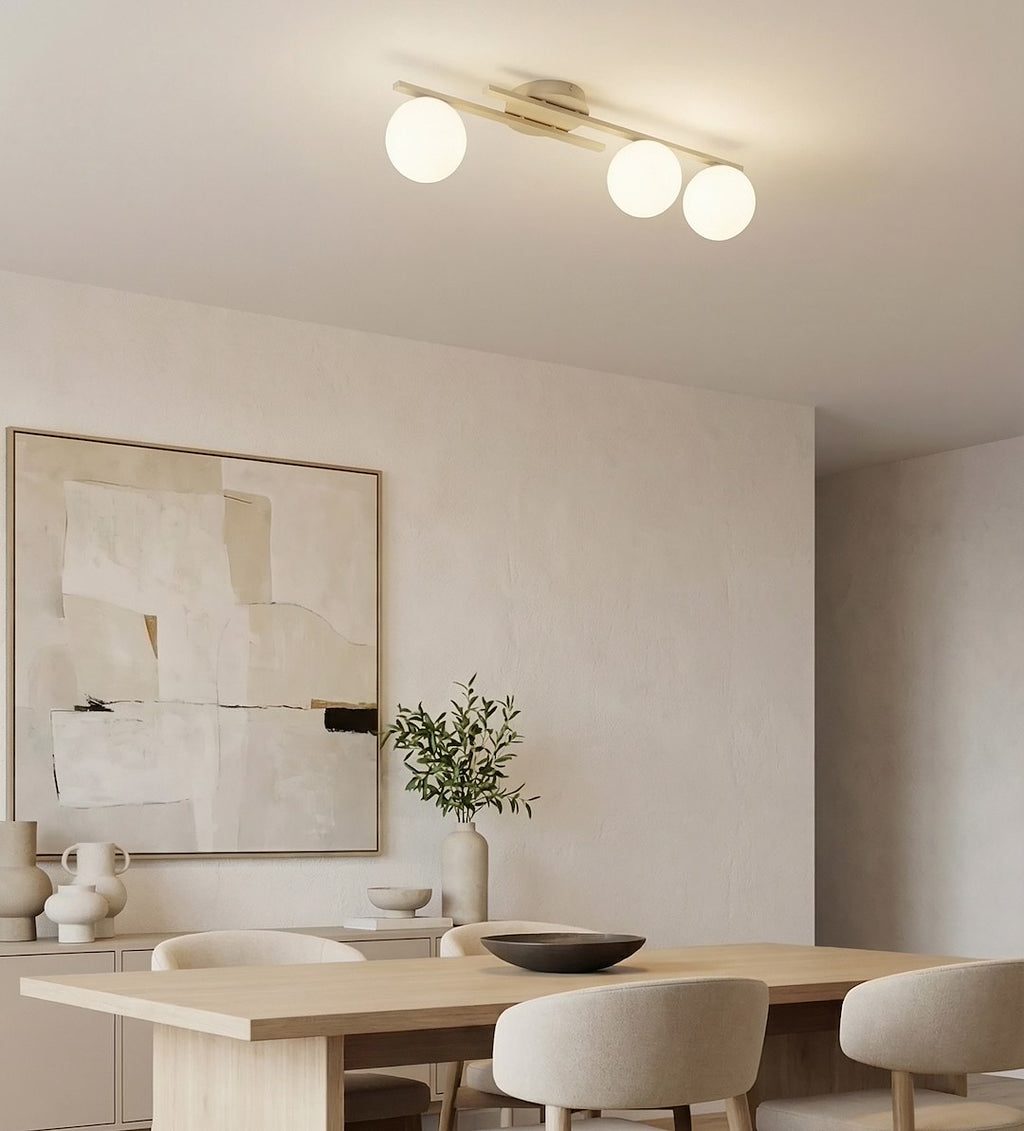Plafondlamp gepoedercoat staal en glas Kairo, beige met witte glazen kappen, 3 lichts, 87 x 29 cm