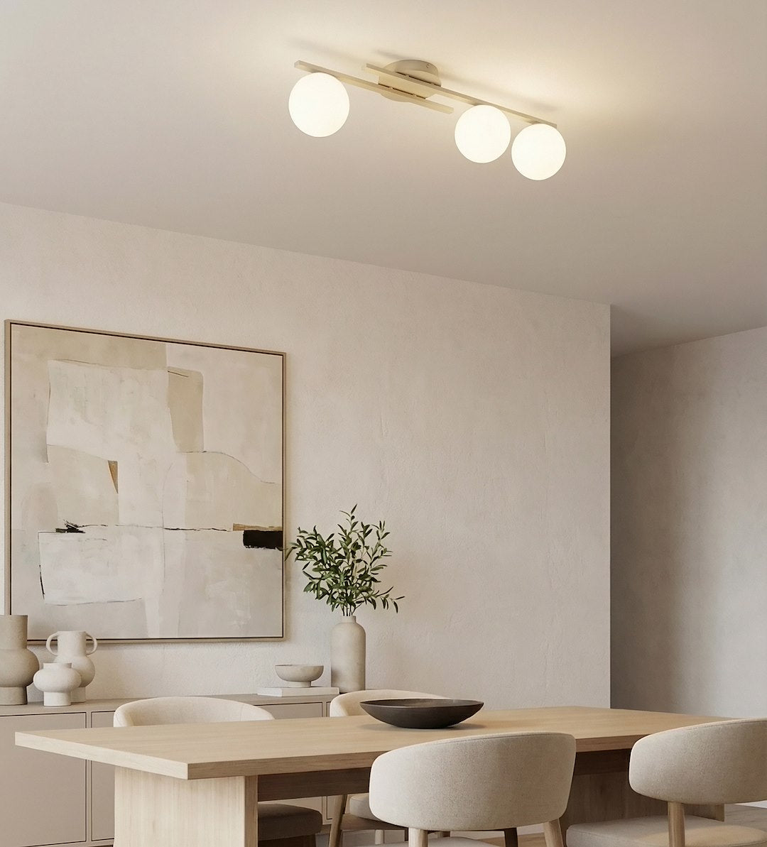 Plafondlamp gepoedercoat staal en glas Kairo, beige met witte glazen kappen, 3 lichts, 87 x 29 cm