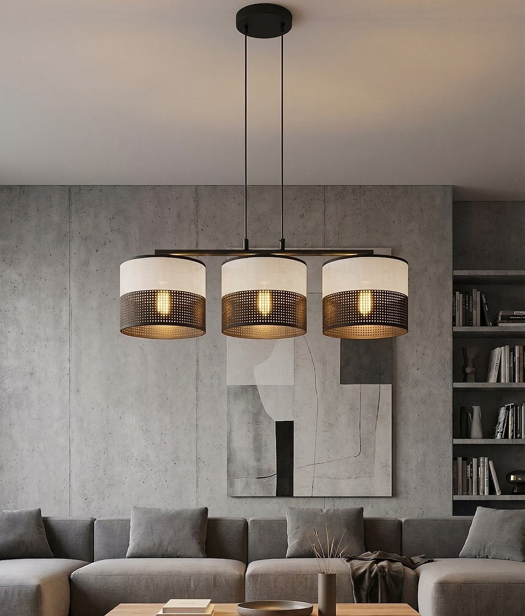 Hanglamp 3-lichts gepoedercoat staal en stof, Karbon, zwart grijs, kapdiameter Ø 20 cm, 70 cm breed