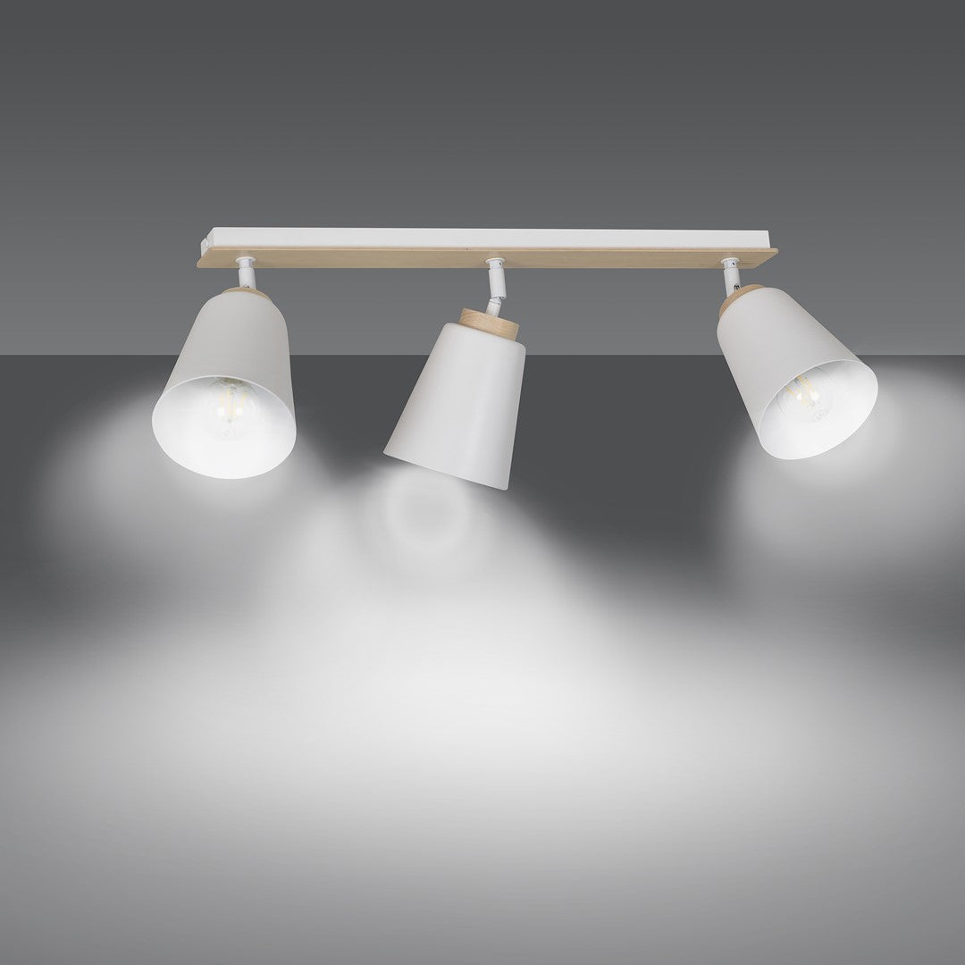 Plafondlamp 3 spots gepoedercoat staal en multiplex, Scandinavisch Atlas, wit met hout, voor lage plafonds