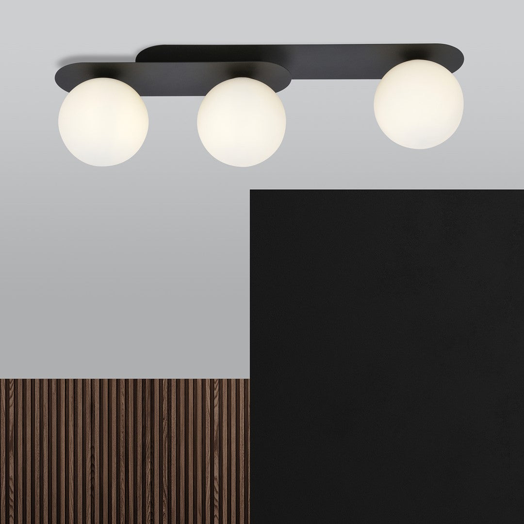 Plafondlamp Plaza gepoedercoat staal en glas, modern, zwart met witte glazen kappen, 3 lichts, 70 cm breed