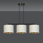 Hanglamp gepoedercoat staal en stof Hilde, zwart met witte kappen, 3 lichts, breedte 72 cm, eetkamer