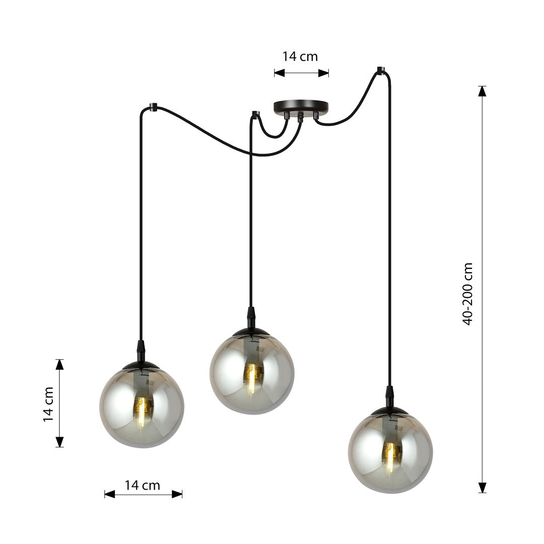 Hanglamp 3 lichts gepoedercoat staal en glas, modern Gigi, zwart met grafiet glazen kappen Ø 14 cm