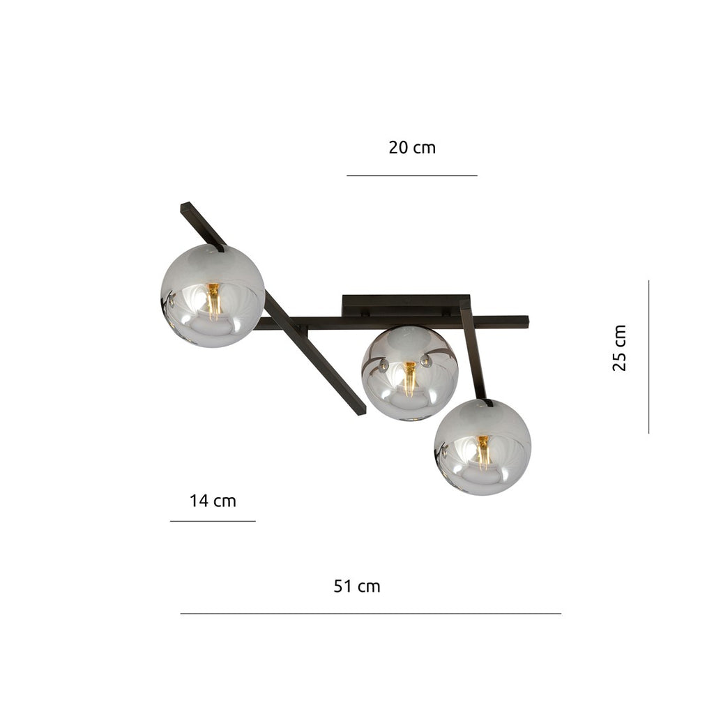 Plafondlamp staal en glas Smart 3 lichtpunten, modern, zwart met grafiet glazen kappen Ø 15 cm