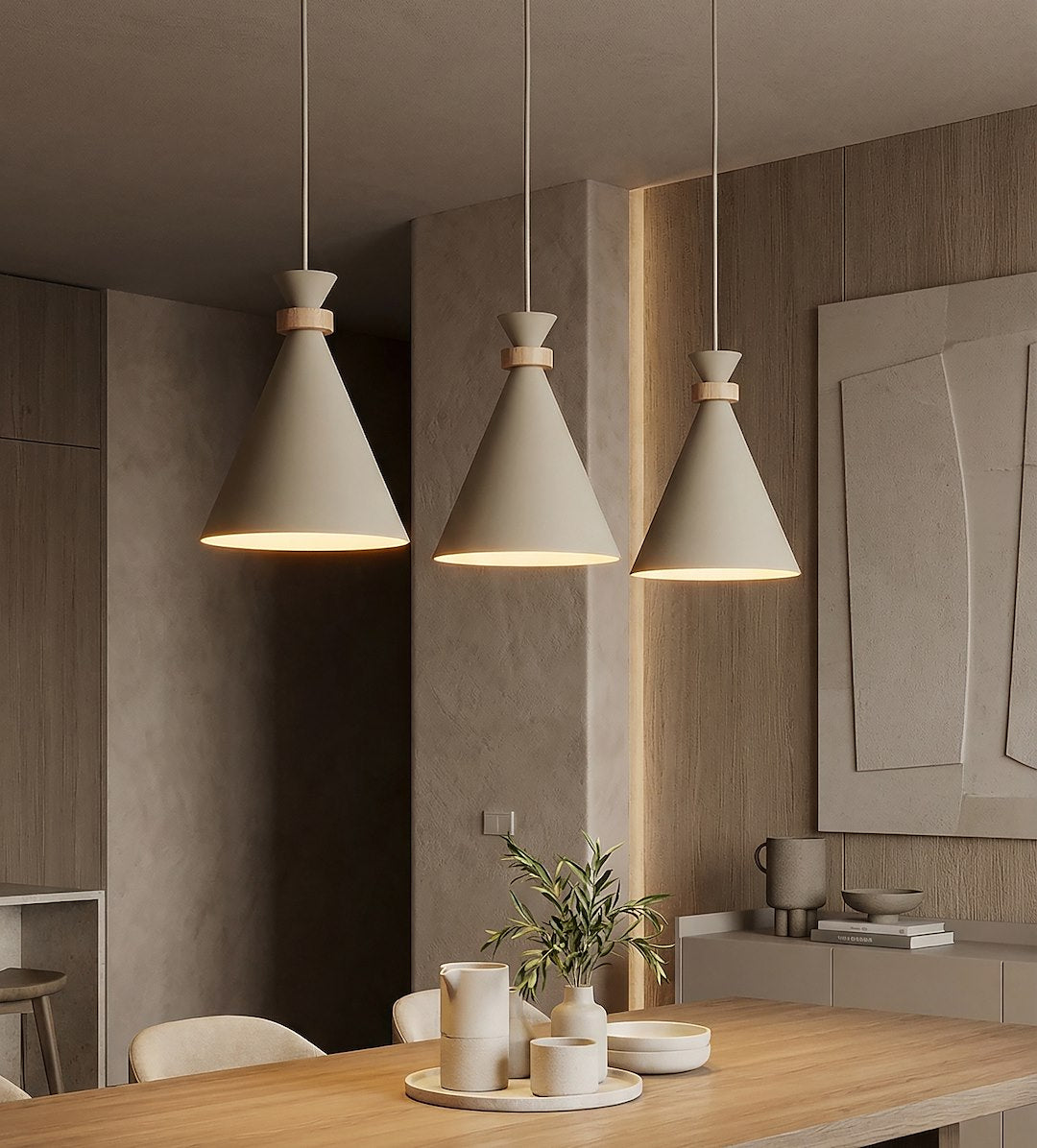 Hanglamp gepoedercoat staal en hout Scandinavisch beige, 3 fittingen E27 – 78 x 23 cm, boven eettafel of kookeiland