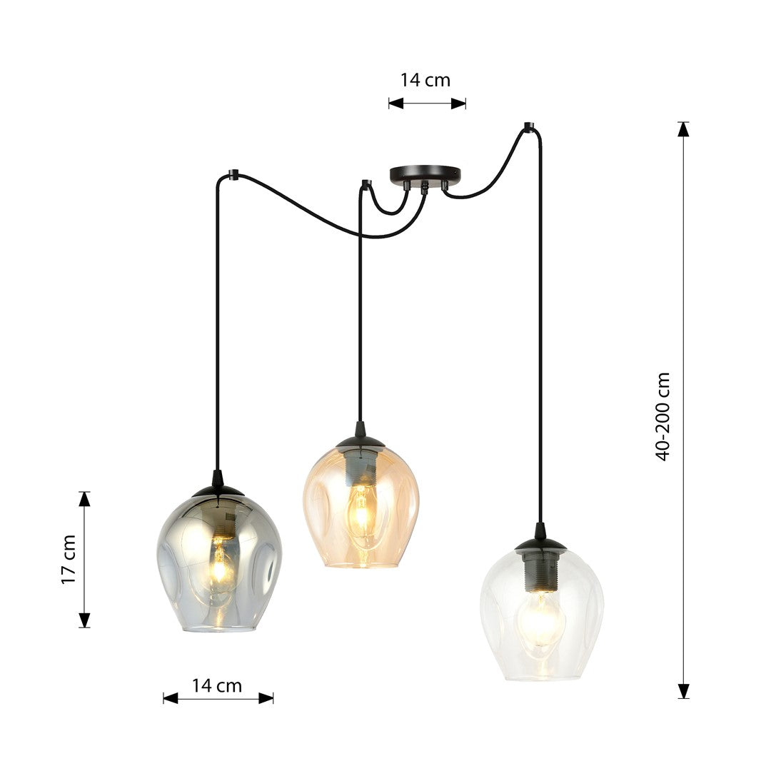 Hanglamp 3 lichts glas en staal, modern, zwart met transparante, grafiet en amberkleurige kappen Ø 14 cm