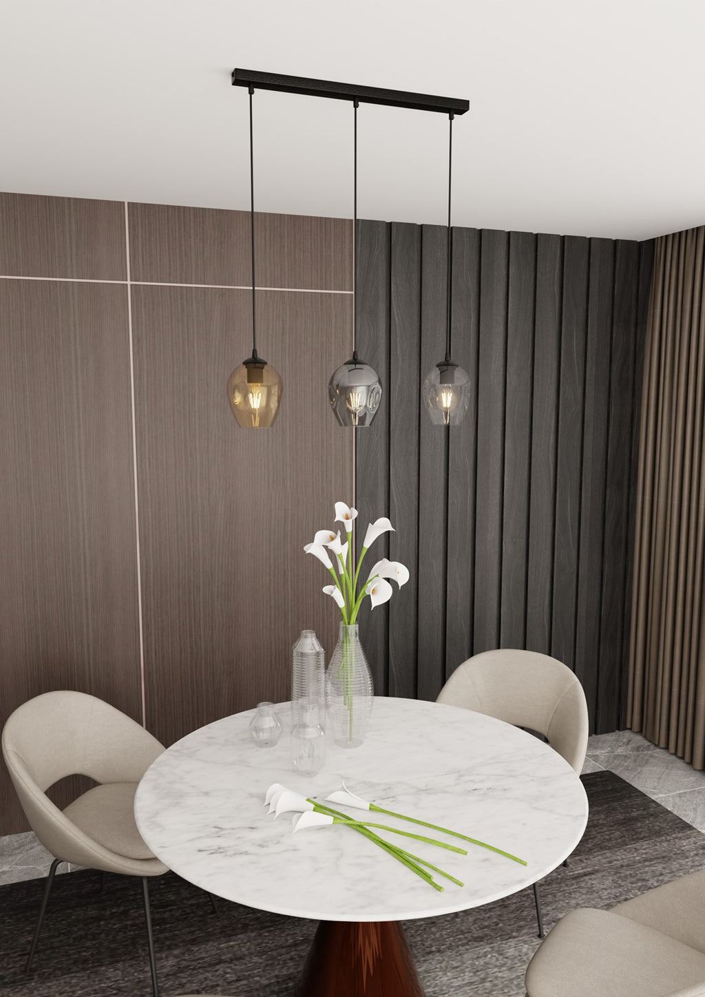 Hanglamp 3-lichts gepoedercoat staal en glas, Istar, zwart met amber, grafiet en transparant glas, 70 x 100 cm