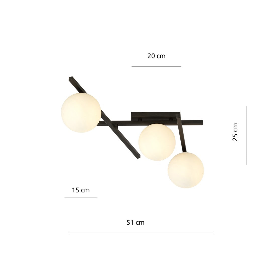 Plafondlamp gepoedercoat staal en glas, modern Smart 3 zwart met witte kappen, 3 x E14, 51 cm breed