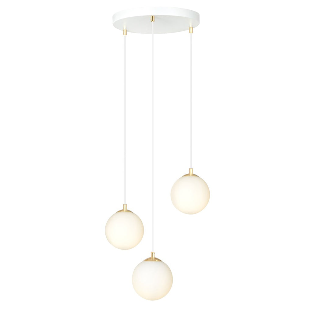 Hanglamp staal en glas Royal retro wit met goud, 3 lampen, kap Ø 14 cm, voor eettafel, keuken of woonkamer
