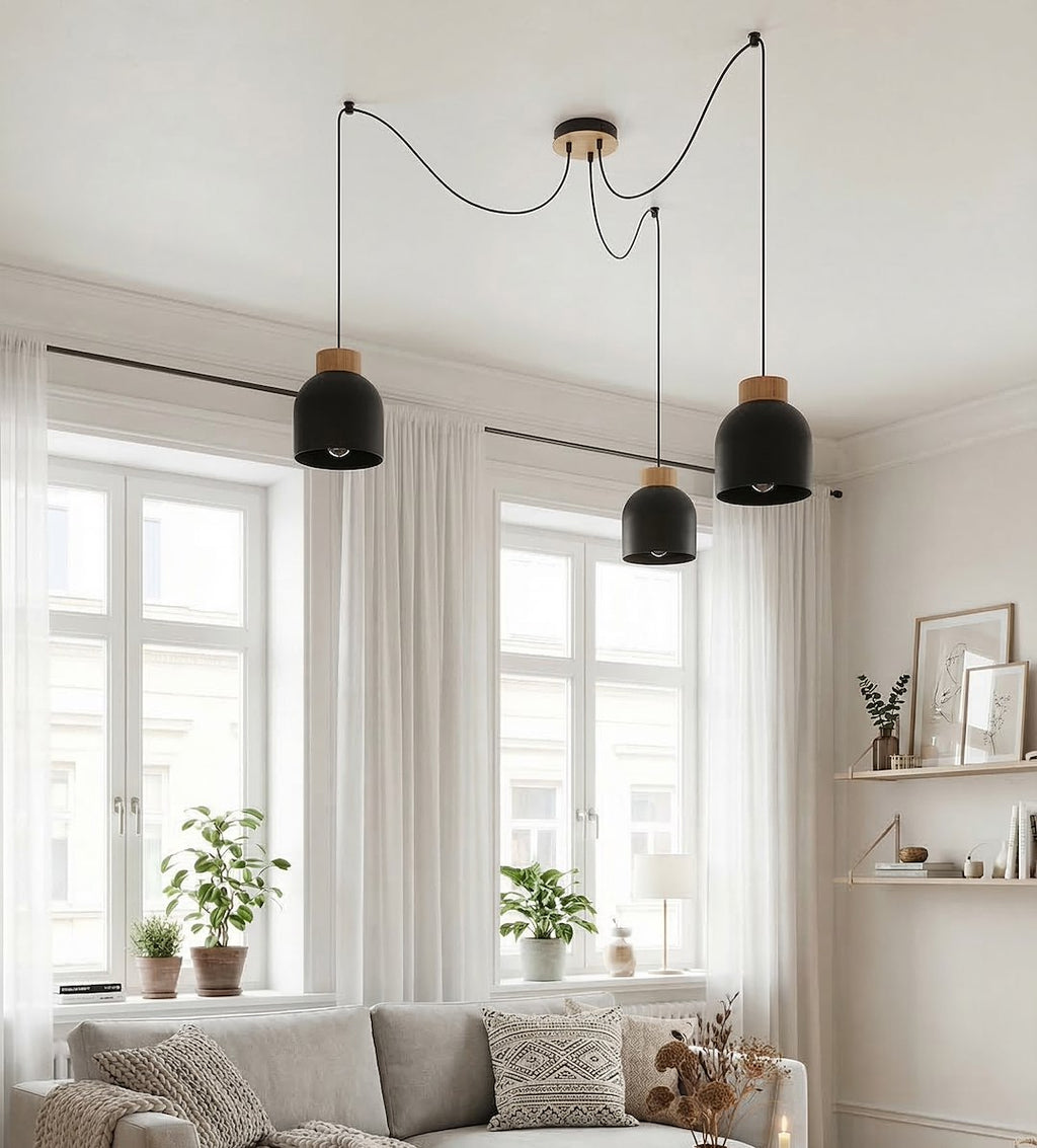 Hanglamp gepoedercoat staal en hout, Scandinavisch, model Kru, zwart, 3 fittingen E27, verstelbare hoogte