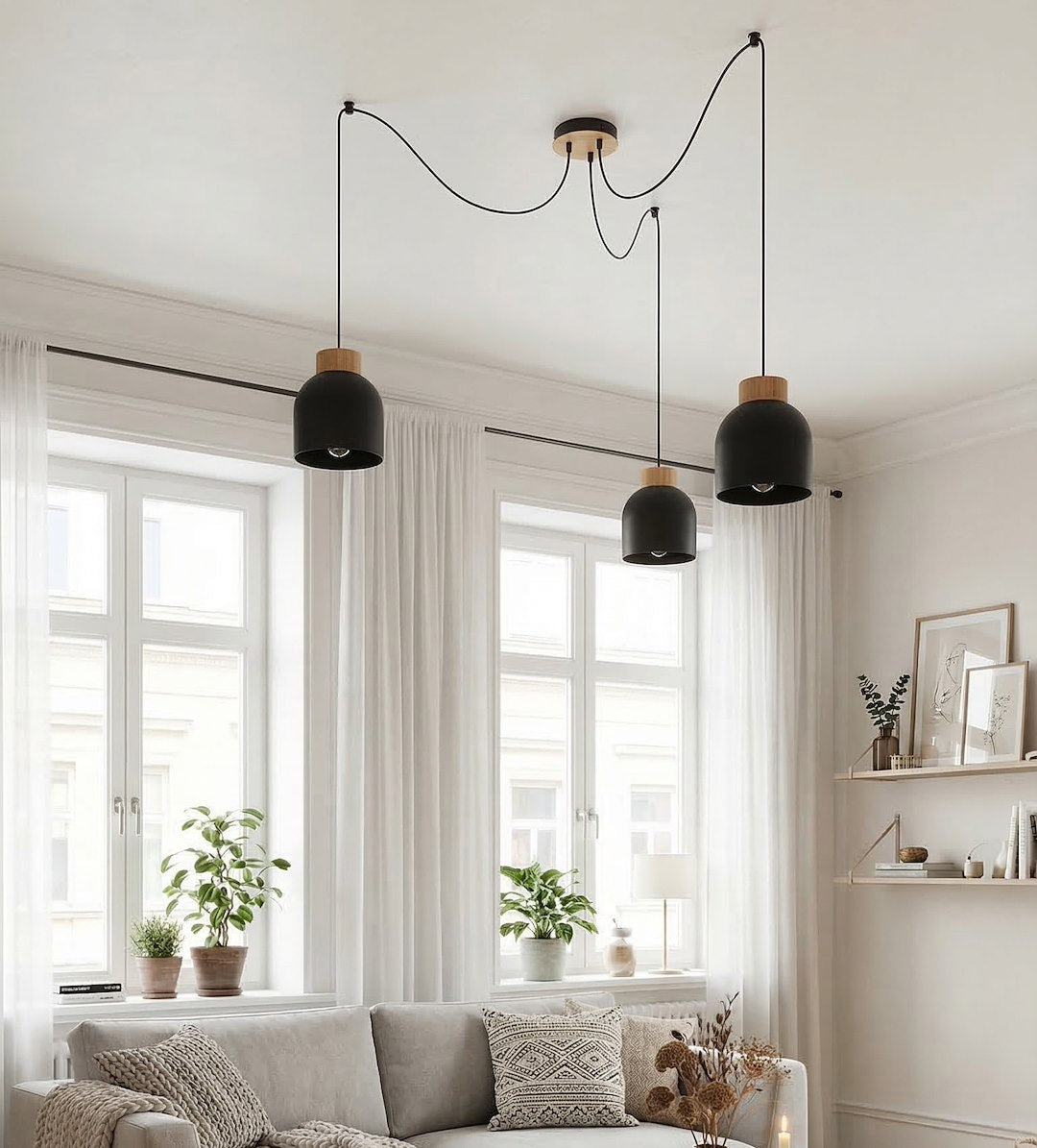 Hanglamp gepoedercoat staal en hout, Scandinavisch, model Kru, zwart, 3 fittingen E27, verstelbare hoogte