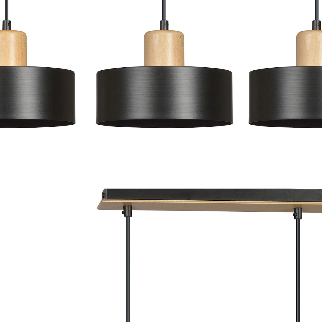Hanglamp gepoedercoat staal en hout Torin, zwart, 3 lichts, 80 x 100 cm, verstelbare hoogte, woonkamer en eetkamer