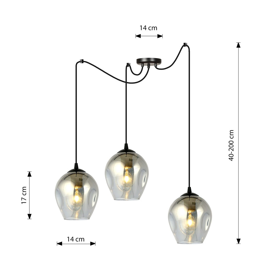 Hanglamp 3 lichts gepoedercoat staal en glas, modern, zwart met grafiet kap Ø 14 cm, E27