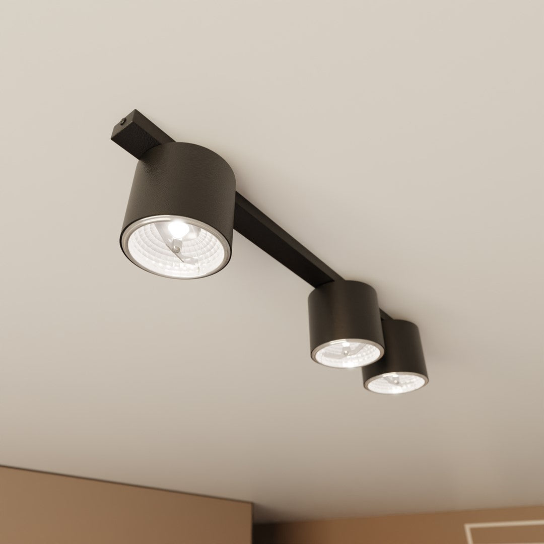 Plafondlamp staal minimalistisch Nano mat zwart, 3 spots, 70 cm breed, voor woonkamer, eetkamer en kantoor
