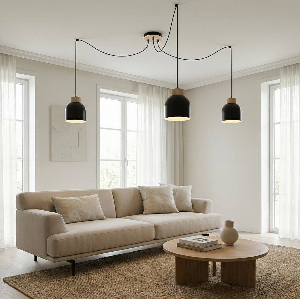 Hanglamp gepoedercoat staal en hout, Scandinavisch, model Kru, zwart, 3 fittingen E27, verstelbare hoogte