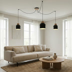 Hanglamp gepoedercoat staal en hout, Scandinavisch, model Kru, zwart, 3 fittingen E27, verstelbare hoogte