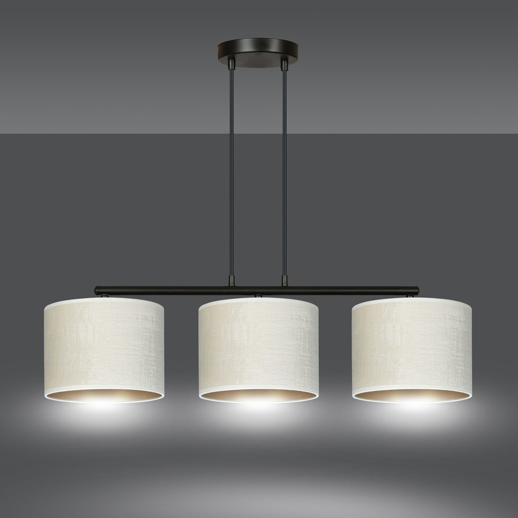 Hanglamp gepoedercoat staal en stof Hilde, zwart met witte kappen, 3 lichts, breedte 72 cm, eetkamer