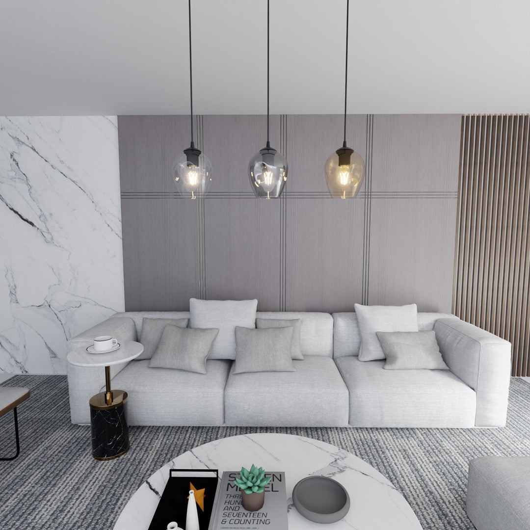 Hanglamp 3-lichts gepoedercoat staal en glas, Istar, zwart met amber, grafiet en transparant glas, 70 x 100 cm
