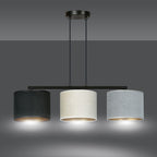 Hanglamp gepoedercoat staal en stof Hilde, zwart frame met zwarte, witte en grijze kap, 3 lichts, 72 cm breed