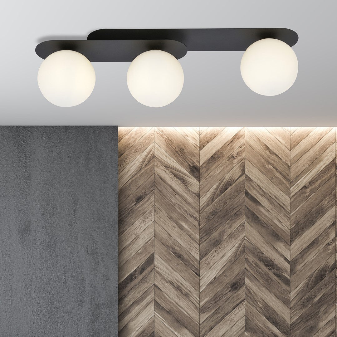 Plafondlamp Plaza gepoedercoat staal en glas, modern, zwart met witte glazen kappen, 3 lichts, 70 cm breed