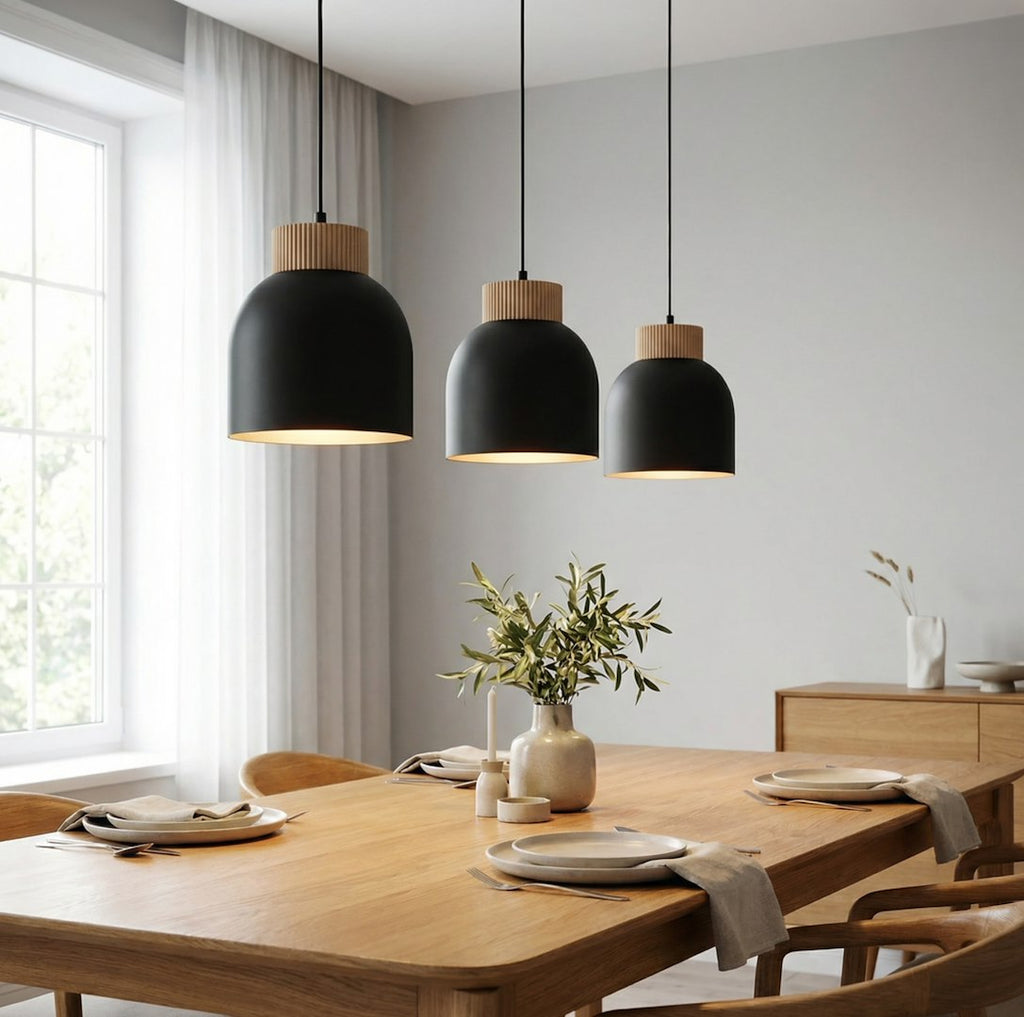 Hanglamp 3 lichts gepoedercoat staal en hout Vigo, Scandinavisch, zwart, 84 cm, boven eettafel of keukeneiland