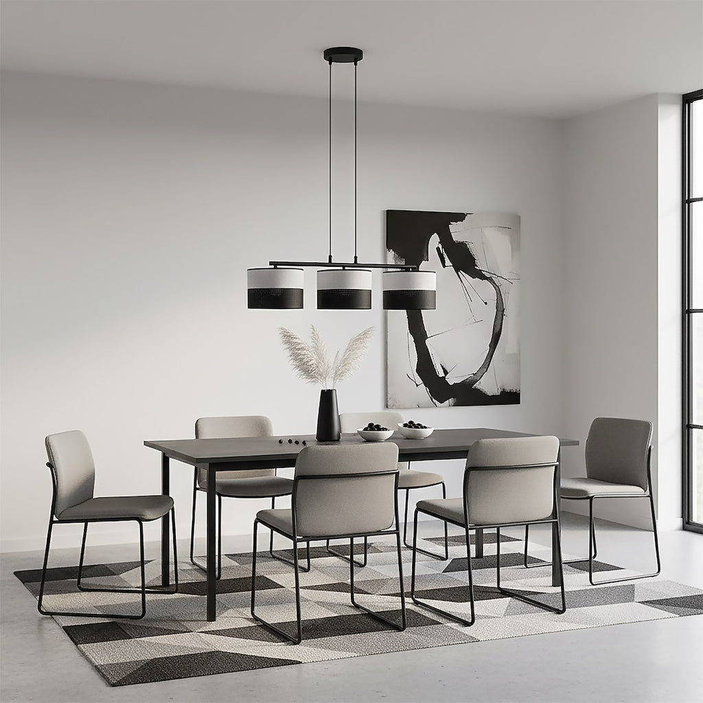 Hanglamp 3-lichts gepoedercoat staal en stof, Karbon, zwart grijs, kapdiameter Ø 20 cm, 70 cm breed