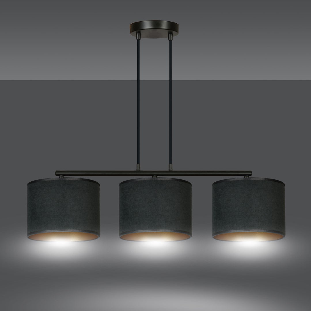Hanglamp gepoedercoat staal en stof Hilde, zwart met gouden binnenkant, 3 kappen Ø 20 cm, minimalistisch, eetkamer