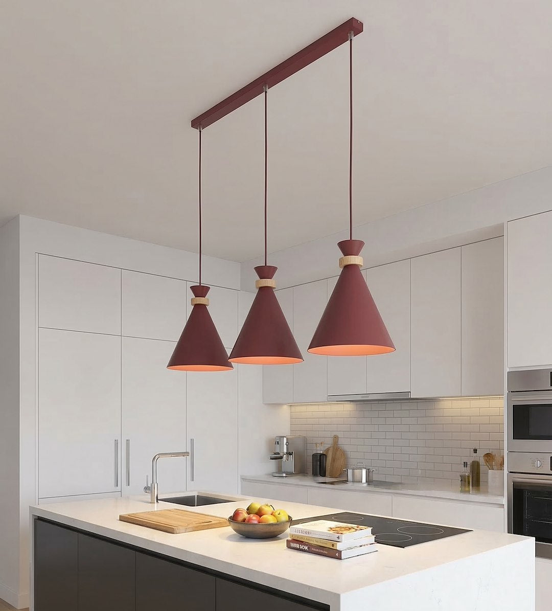Hanglamp 3-lichts gepoedercoat staal en hout, Scandinavisch Zero, bordeaux, 78 cm, boven eettafel of kookeiland