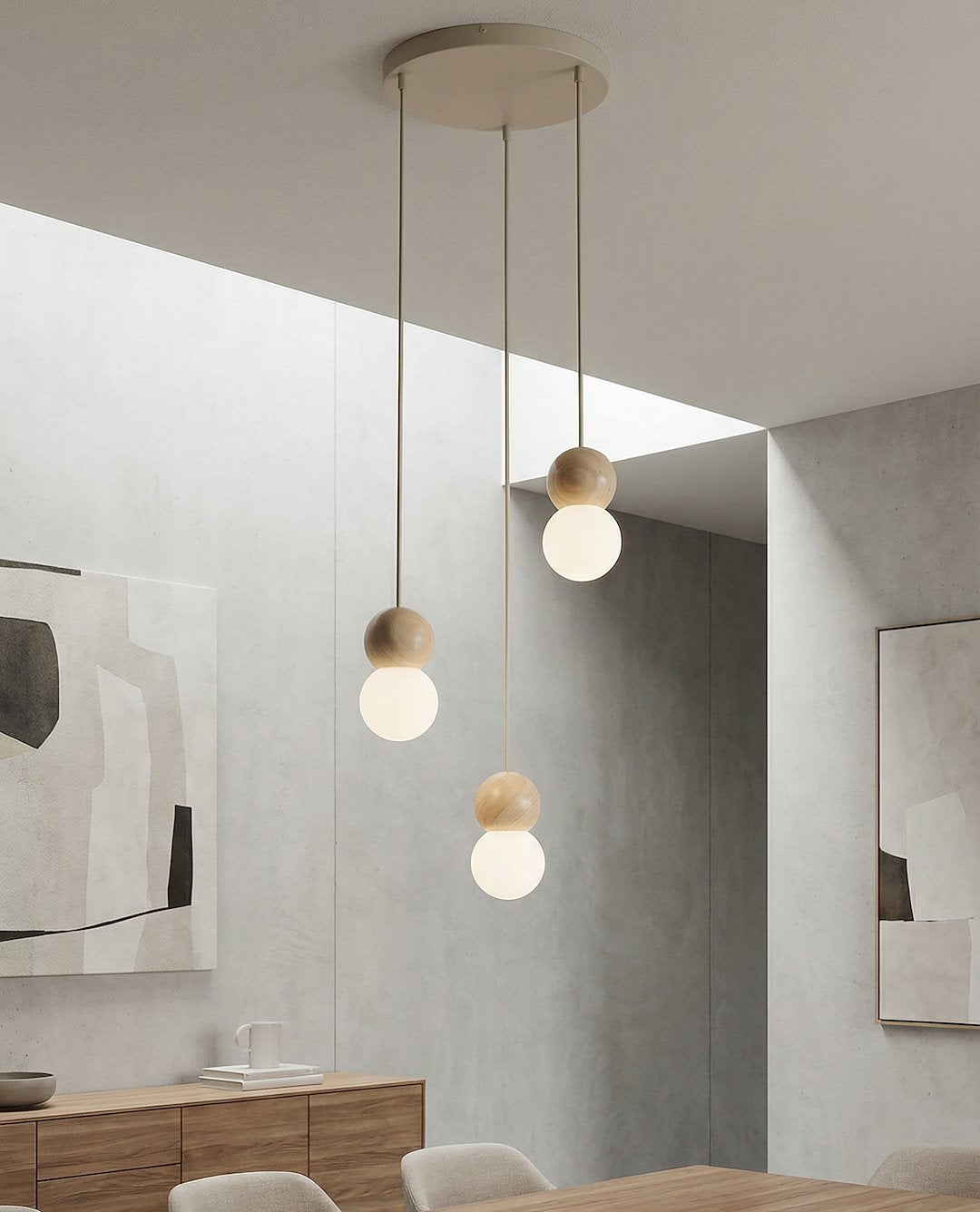 Hanglamp gepoedercoat staal met hout, Scandinavisch Loop 3 beige, 3 lichtpunten G9, Ø 23 cm, eettafel en keukeneiland