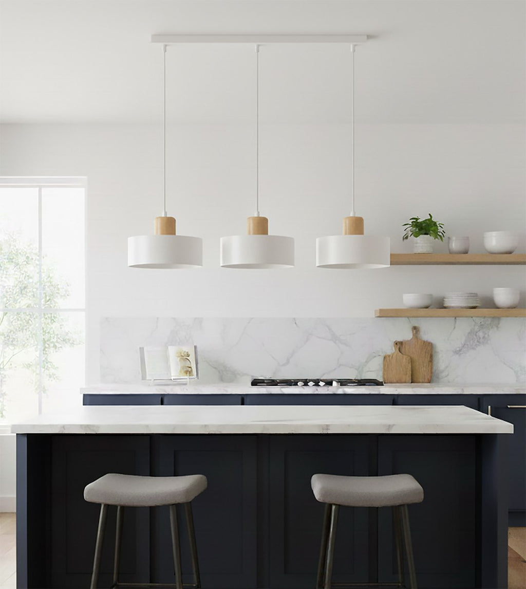 Hanglamp 3-lichts gepoedercoat staal en hout, Scandinavisch Torin, wit – 80 x 100 cm, voor woonkamer en eetkamer