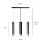 Hanglamp 3-lichts gepoedercoat staal Kibo, zwart met chroom, 45 x 100 cm, voor eettafel en woonkamer