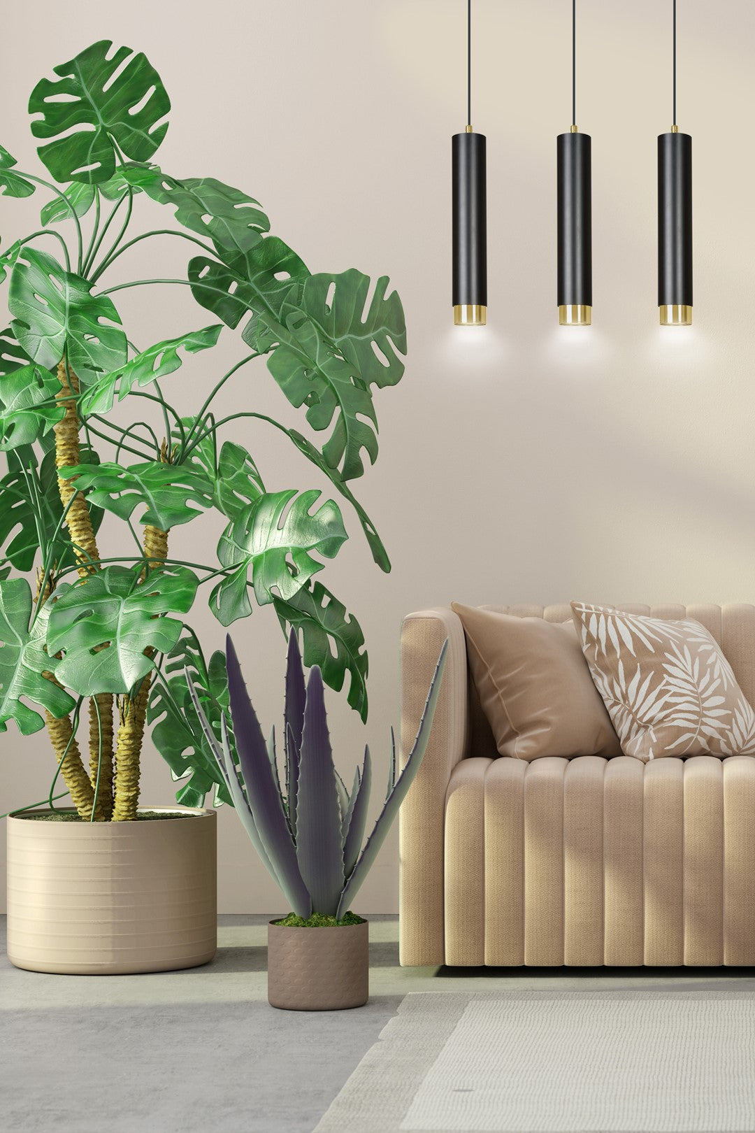 Hanglamp 3-lichts gepoedercoat staal modern zwart met gouden accenten, balk 45 cm, voor woonkamer en eethoek