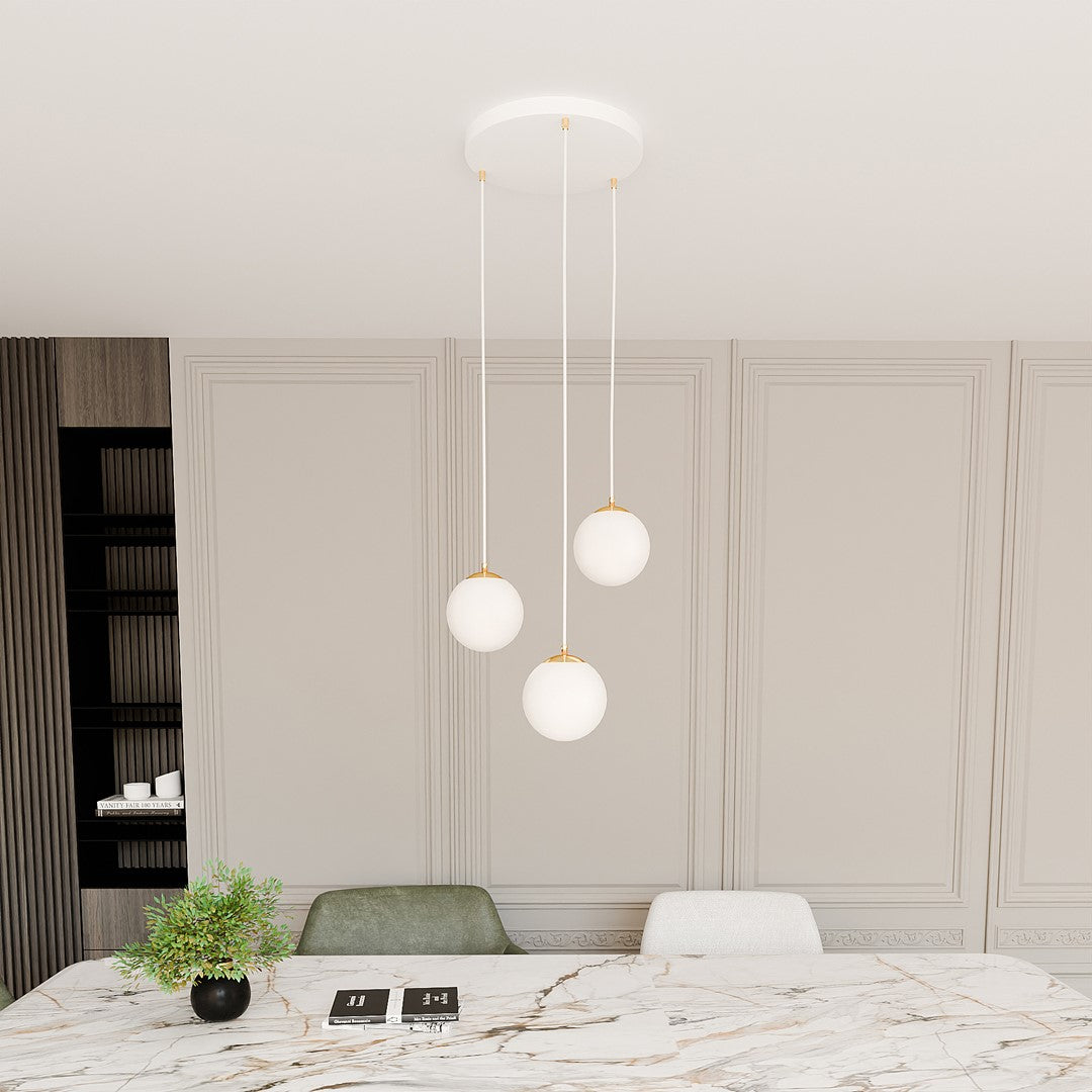 Hanglamp staal en glas Royal retro wit met goud, 3 lampen, kap Ø 14 cm, voor eettafel, keuken of woonkamer