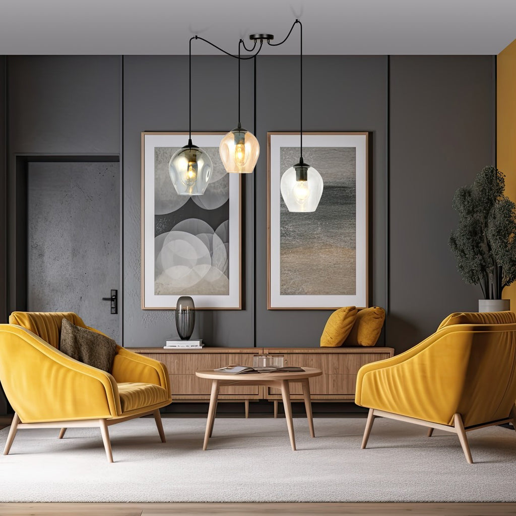 Hanglamp 3 lichts glas en staal, modern, zwart met transparante, grafiet en amberkleurige kappen Ø 14 cm