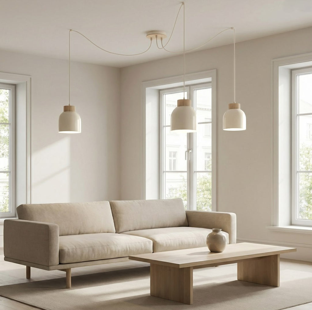 Hanglamp Kru gepoedercoat staal en hout, Scandinavisch, wit, 3 lichts met spider-ophanging, E27