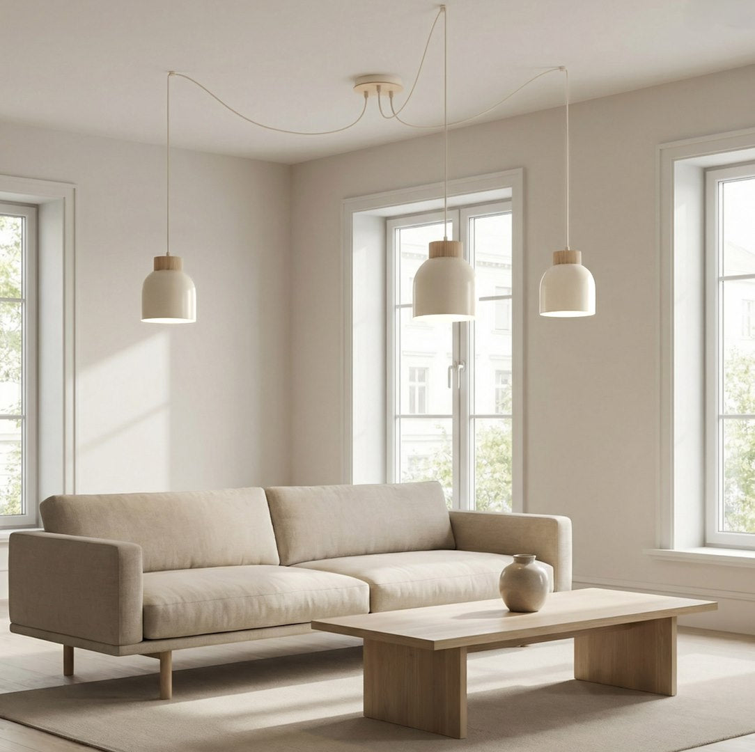 Hanglamp Kru gepoedercoat staal en hout, Scandinavisch, wit, 3 lichts met spider-ophanging, E27
