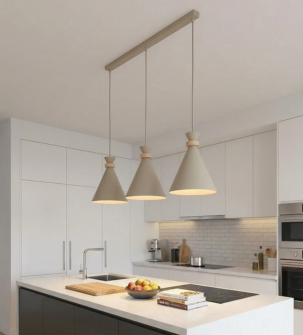 Hanglamp gepoedercoat staal en hout Scandinavisch beige, 3 fittingen E27 – 78 x 23 cm, boven eettafel of kookeiland