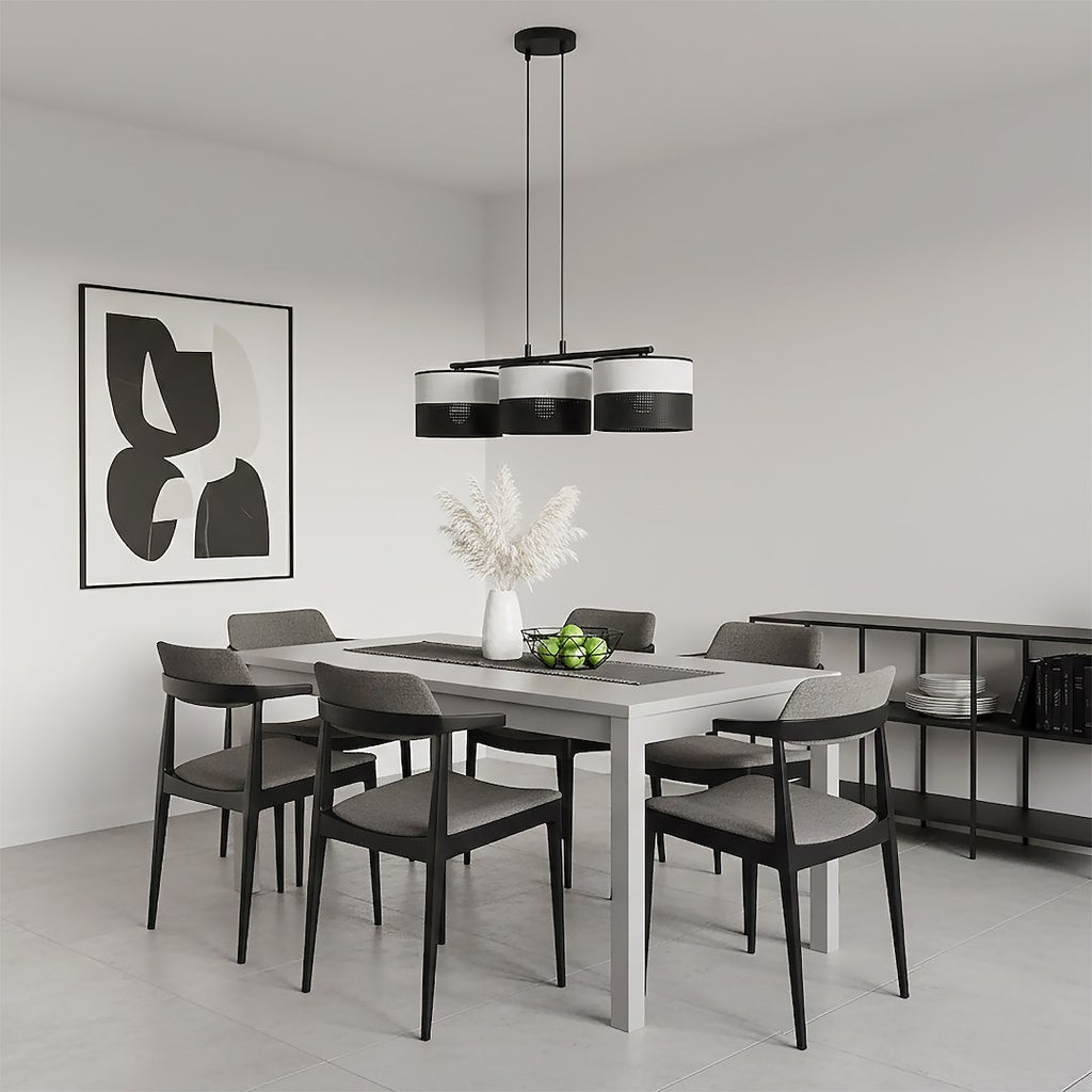 Hanglamp 3-lichts gepoedercoat staal en stof, Karbon, zwart grijs, kapdiameter Ø 20 cm, 70 cm breed