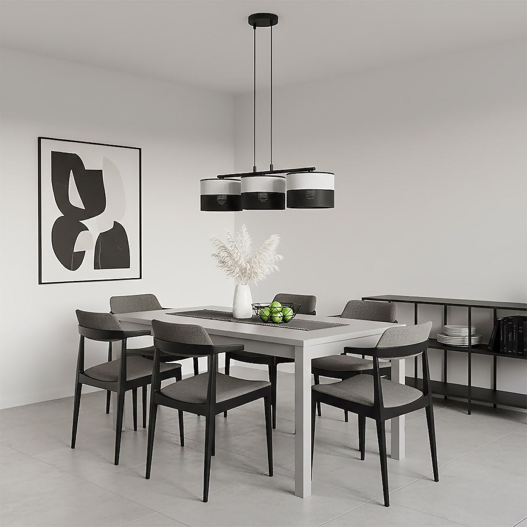 Hanglamp 3-lichts gepoedercoat staal en stof, Karbon, zwart grijs, kapdiameter Ø 20 cm, 70 cm breed