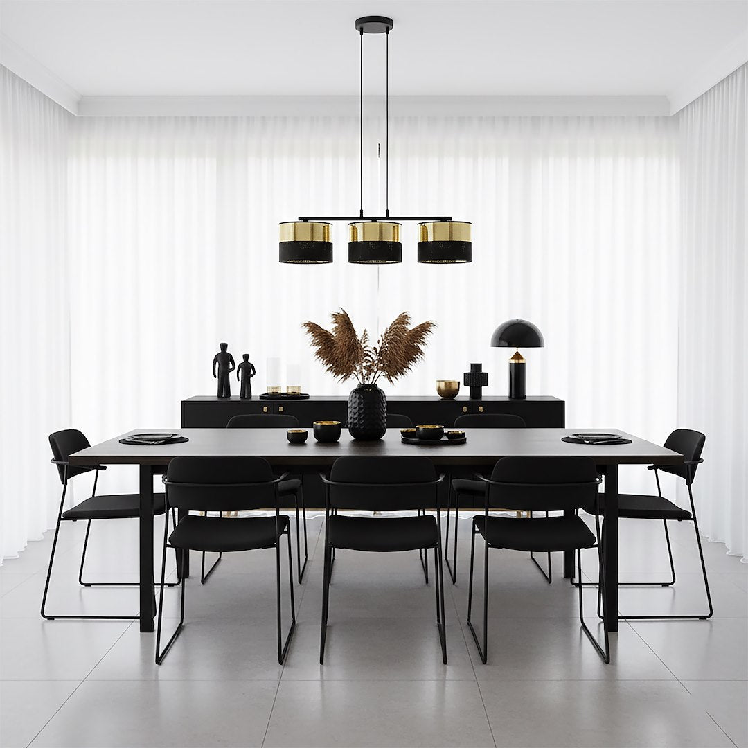 Hanglamp gepoedercoat staal en stof, modern Lux zwart met goud, kap Ø 20 cm, 3 lichts, voor eettafel en keukeneiland